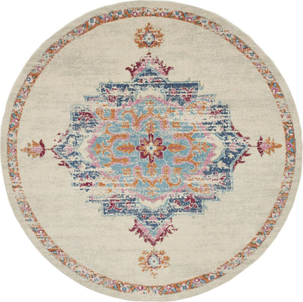 HomeRoots 8' Gray and Ivory Medallion Distressed Rug - Timeless Design for Modern Living Spaces and Durability 8' Round 385575