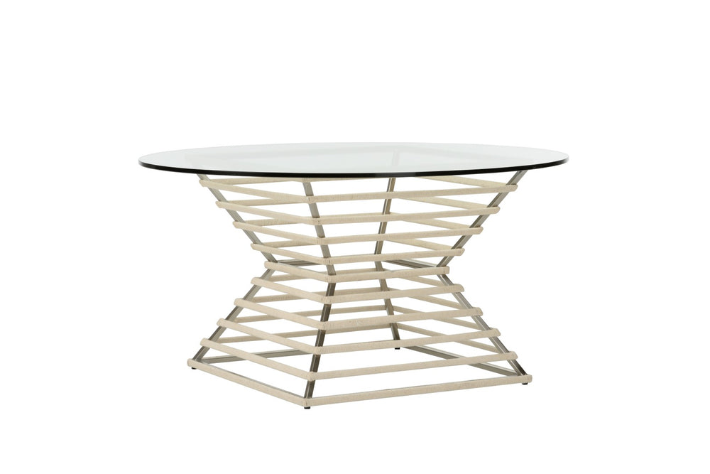 Chelsea House Wrapped Hourglass Cocktail Table By Elizabeth Wicker — Pearlescent Rope Wrapped Metal Base, Glass Top, Coastal Modern Design 385582