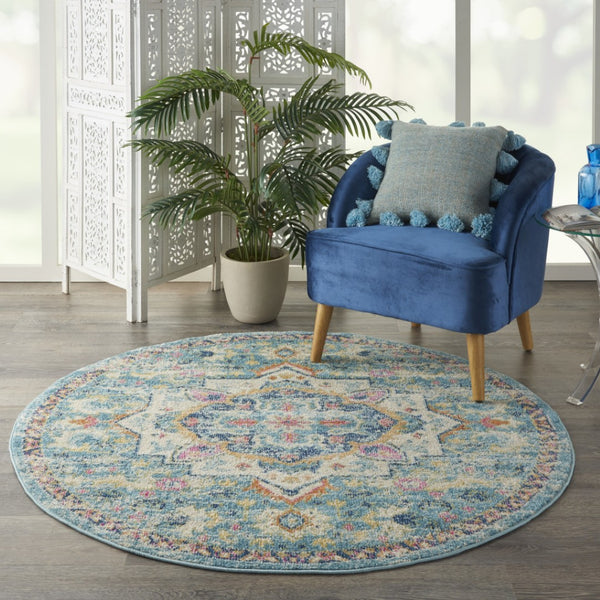 HomeRoots 5' Transform Your Space with This Elegant Ivory and Blue Distressed Oriental Area Rug for Any Room 5? 385582