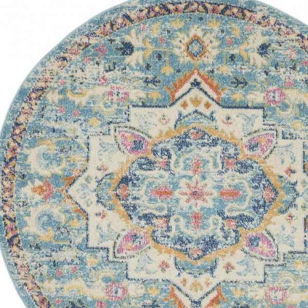 HomeRoots 5' Transform Your Space with This Elegant Ivory and Blue Distressed Oriental Area Rug for Any Room 5? 385582