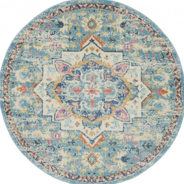 HomeRoots 5' Transform Your Space with This Elegant Ivory and Blue Distressed Oriental Area Rug for Any Room 5? 385582