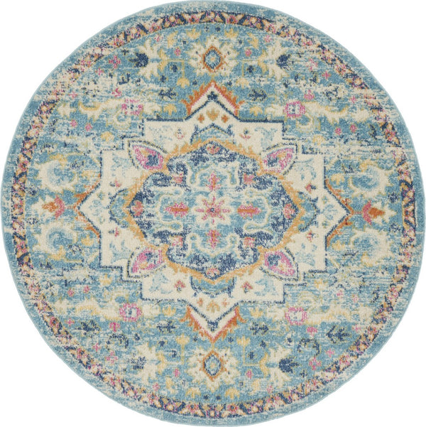 HomeRoots 5' Transform Your Space with This Elegant Ivory and Blue Distressed Oriental Area Rug for Any Room 5? 385582