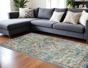 HomeRoots 5' Transform Your Space with This Elegant Ivory and Blue Distressed Oriental Area Rug for Any Room 7?x10? 385583