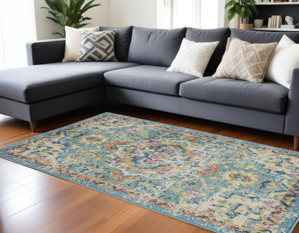 HomeRoots 5' Transform Your Space with This Elegant Ivory and Blue Distressed Oriental Area Rug for Any Room 7?x10? 385583