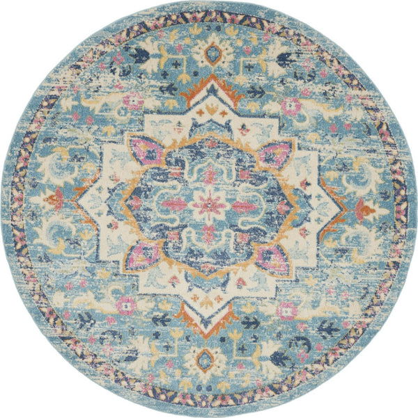 HomeRoots 5' Transform Your Space with This Elegant Ivory and Blue Distressed Oriental Area Rug for Any Room 8? 385584