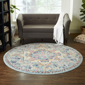 HomeRoots 5' Transform Your Space with This Elegant Ivory and Blue Distressed Oriental Area Rug for Any Room 8? 385584