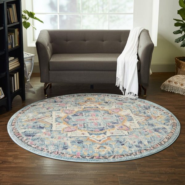 HomeRoots 5' Transform Your Space with This Elegant Ivory and Blue Distressed Oriental Area Rug for Any Room 8? 385584