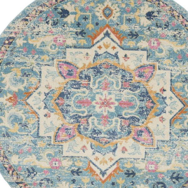 HomeRoots 5' Transform Your Space with This Elegant Ivory and Blue Distressed Oriental Area Rug for Any Room 8? 385584