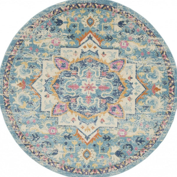 HomeRoots 5' Transform Your Space with This Elegant Ivory and Blue Distressed Oriental Area Rug for Any Room 8? 385584