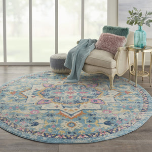 HomeRoots 5' Transform Your Space with This Elegant Ivory and Blue Distressed Oriental Area Rug for Any Room 8? 385584