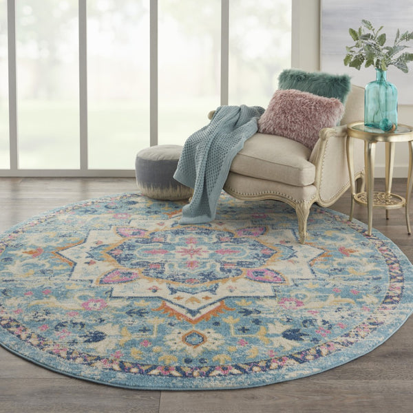 HomeRoots 5' Transform Your Space with This Elegant Ivory and Blue Distressed Oriental Area Rug for Any Room 8? 385584