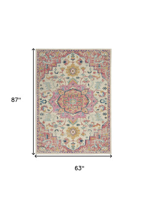 HomeRoots 5' Pink and Ivory Southwestern Distressed Area Rug – Soft, Durable, Vintage-Inspired Home Accent Piece 5? x 7? 385590