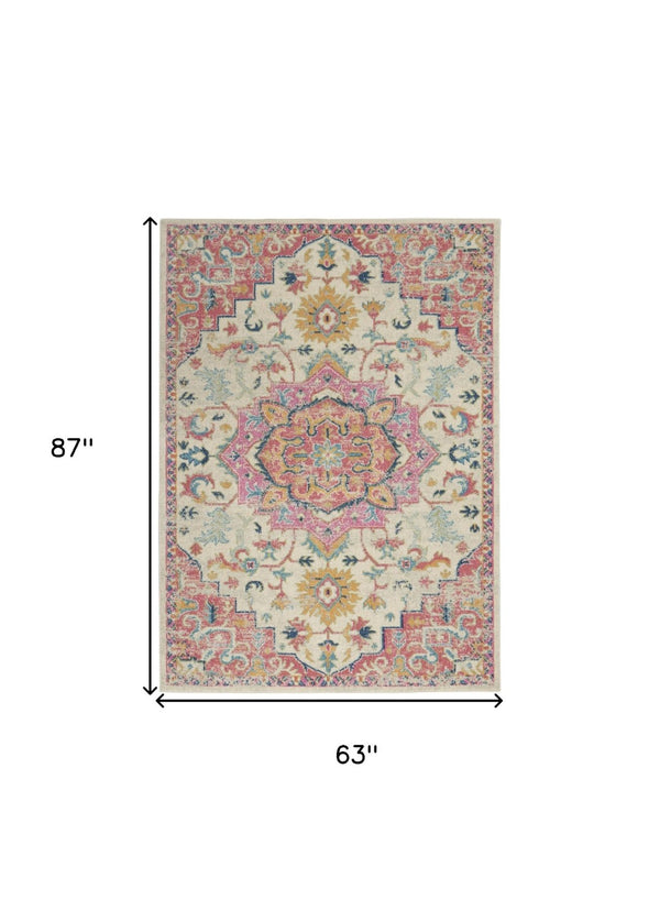 HomeRoots 5' Pink and Ivory Southwestern Distressed Area Rug – Soft, Durable, Vintage-Inspired Home Accent Piece 5? x 7? 385590