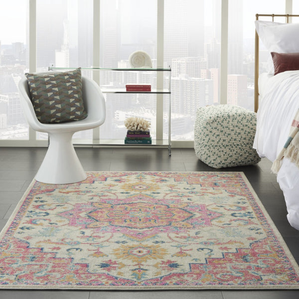 HomeRoots 5' Pink and Ivory Southwestern Distressed Area Rug – Soft, Durable, Vintage-Inspired Home Accent Piece 5? x 7? 385590