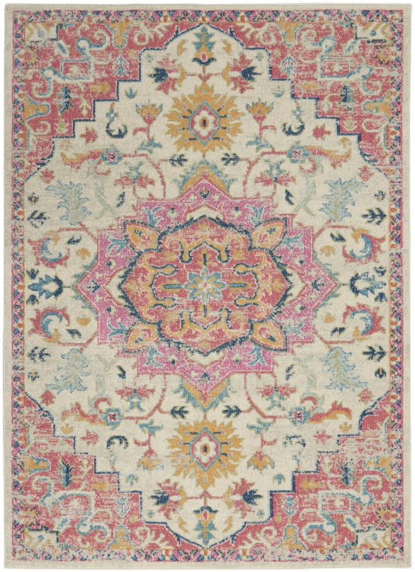 HomeRoots 5' Pink and Ivory Southwestern Distressed Area Rug – Soft, Durable, Vintage-Inspired Home Accent Piece 5? x 7? 385590