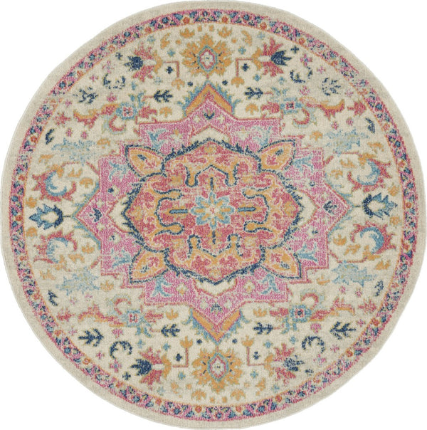 HomeRoots 5' Pink and Ivory Southwestern Distressed Area Rug – Soft, Durable, Vintage-Inspired Home Accent Piece 5? Round 385591