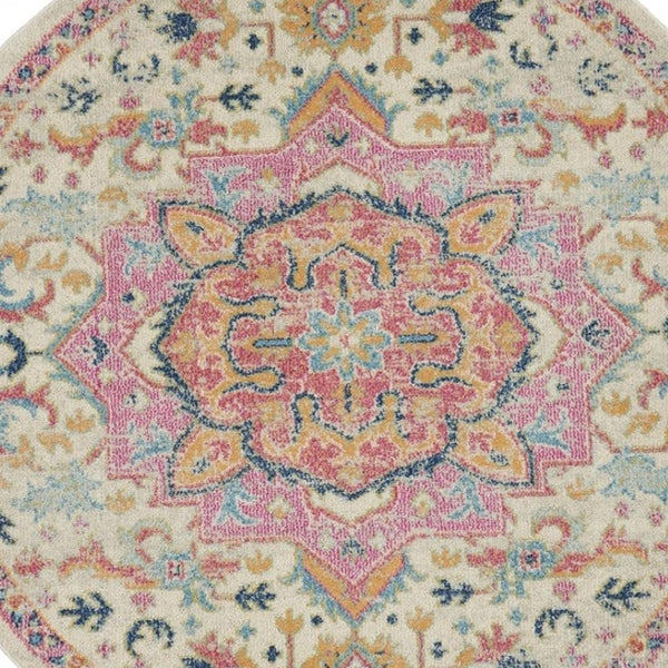 HomeRoots 5' Pink and Ivory Southwestern Distressed Area Rug – Soft, Durable, Vintage-Inspired Home Accent Piece 5? Round 385591