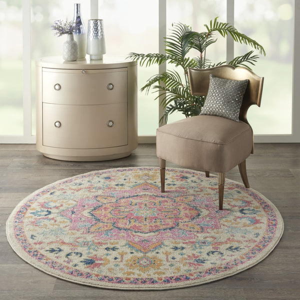 HomeRoots 5' Pink and Ivory Southwestern Distressed Area Rug – Soft, Durable, Vintage-Inspired Home Accent Piece 5? Round 385591