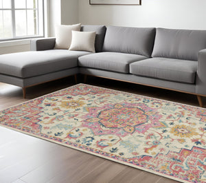 HomeRoots 5' Pink and Ivory Southwestern Distressed Area Rug – Soft, Durable, Vintage-Inspired Home Accent Piece 7? x 10? 385592