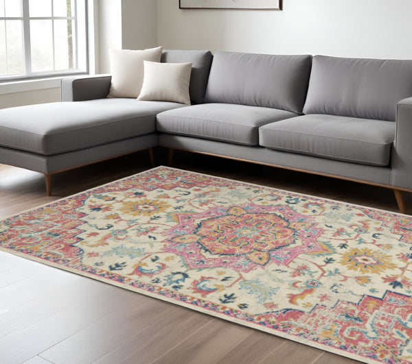HomeRoots 5' Pink and Ivory Southwestern Distressed Area Rug – Soft, Durable, Vintage-Inspired Home Accent Piece 7? x 10? 385592