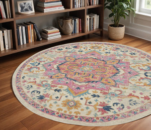 HomeRoots 5' Pink and Ivory Southwestern Distressed Area Rug – Soft, Durable, Vintage-Inspired Home Accent Piece 8? Round 385593