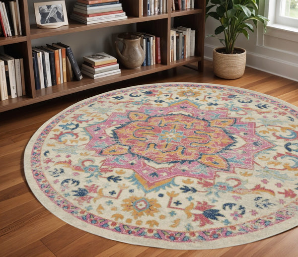 HomeRoots 5' Pink and Ivory Southwestern Distressed Area Rug – Soft, Durable, Vintage-Inspired Home Accent Piece 8? Round 385593