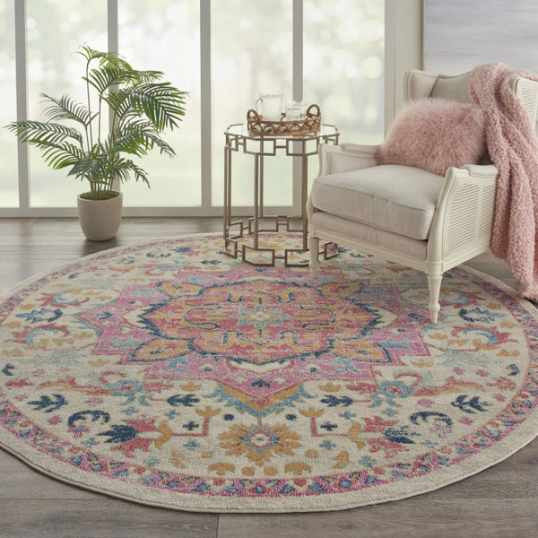 HomeRoots 5' Pink and Ivory Southwestern Distressed Area Rug – Soft, Durable, Vintage-Inspired Home Accent Piece 8? Round 385593