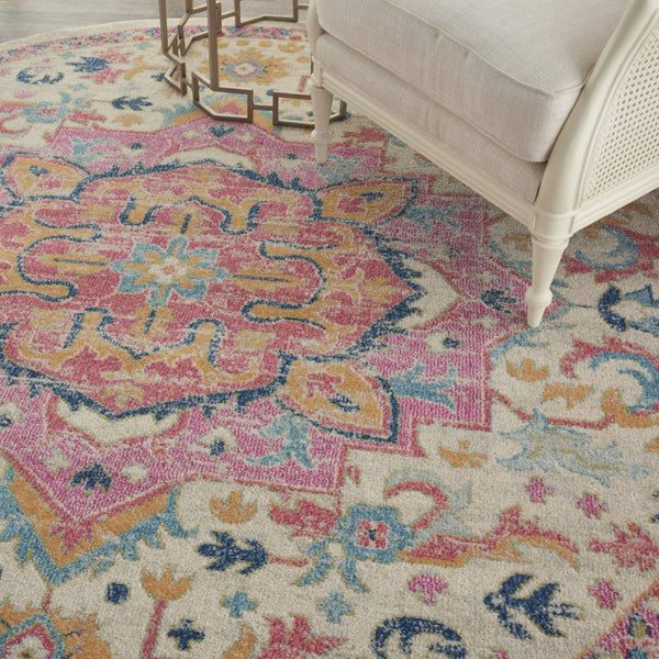 HomeRoots 5' Pink and Ivory Southwestern Distressed Area Rug – Soft, Durable, Vintage-Inspired Home Accent Piece 8? Round 385593