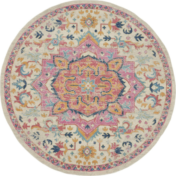 HomeRoots 5' Pink and Ivory Southwestern Distressed Area Rug – Soft, Durable, Vintage-Inspired Home Accent Piece 8? Round 385593
