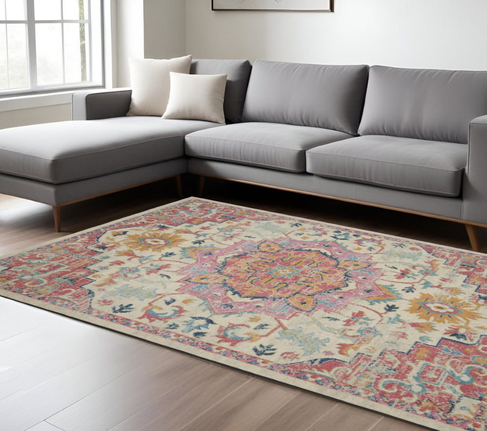 HomeRoots 5' Pink and Ivory Southwestern Distressed Area Rug – Soft, Durable, Vintage-Inspired Home Accent Piece 8? x 10? 385594