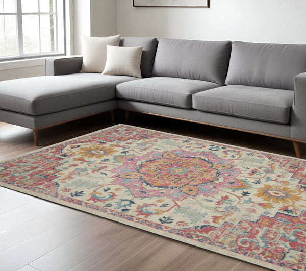 HomeRoots 5' Pink and Ivory Southwestern Distressed Area Rug – Soft, Durable, Vintage-Inspired Home Accent Piece 8? x 10? 385594