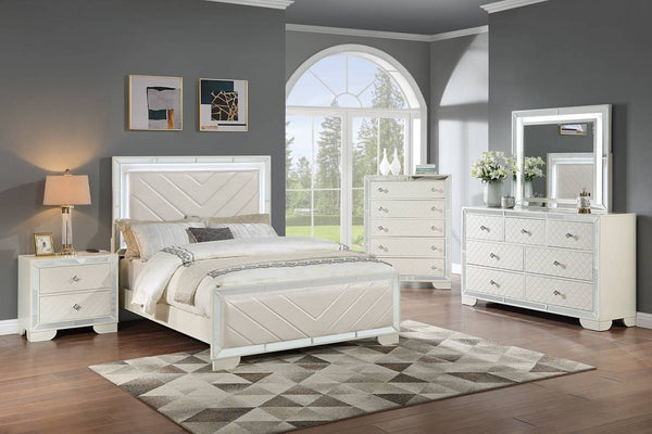 English Elm Contemporary Faux Leather Eastern King Bed Built in Led Lighting Triangle Tufted Panel B011S02085
