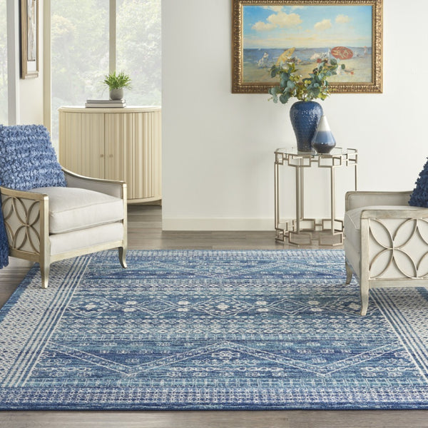 HomeRoots 5' Navy Blue and Ivory Tribal Area Rug - Stylish, Durable Floor Cover for Modern Living Spaces 7' x 10' 385606