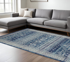 HomeRoots 5' Navy Blue and Ivory Tribal Area Rug - Stylish, Durable Floor Cover for Modern Living Spaces 8' x 10' 385607
