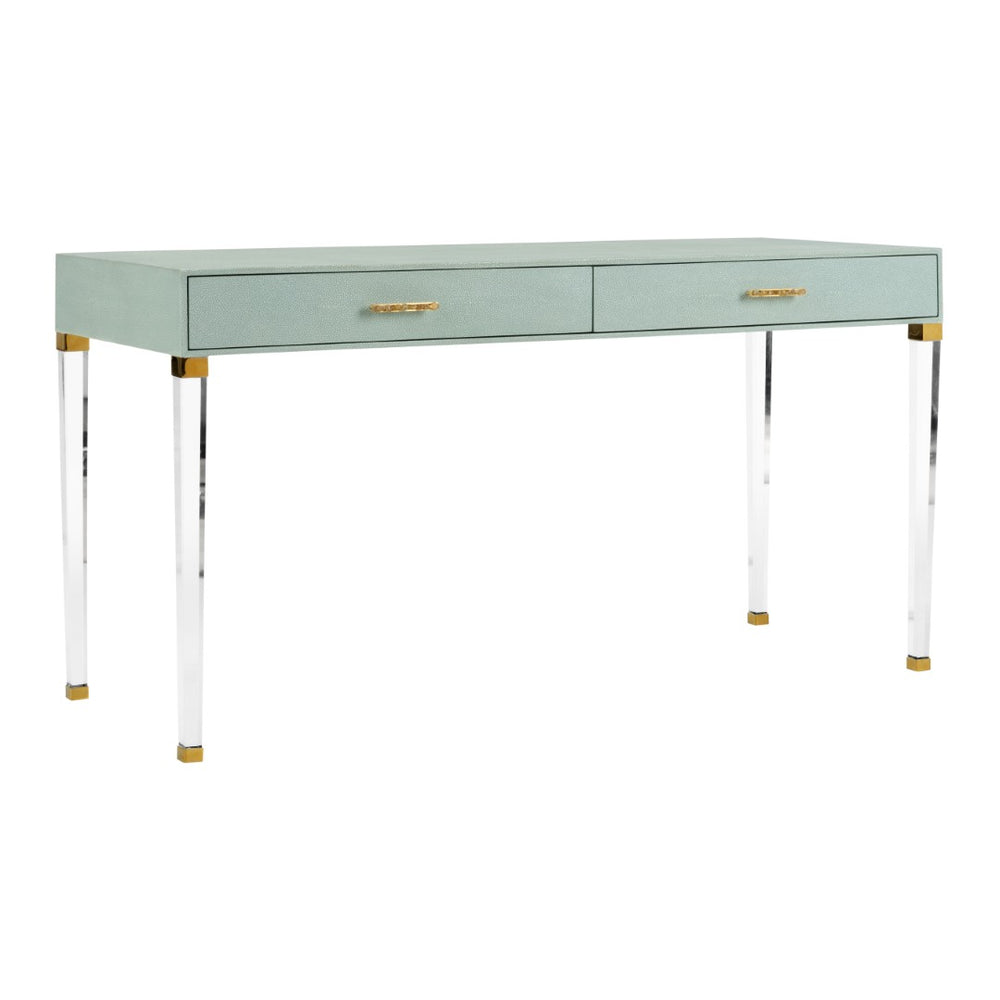 Chelsea House Camilla Neoclassic Desk With Faux Shagreen, Clear Acrylic Legs & Brass Crystal Pulls — Luxe Statement Piece 385625