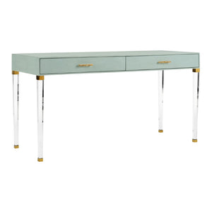 Chelsea House Camilla Neoclassic Desk With Faux Shagreen, Clear Acrylic Legs & Brass Crystal Pulls — Luxe Statement Piece 385625
