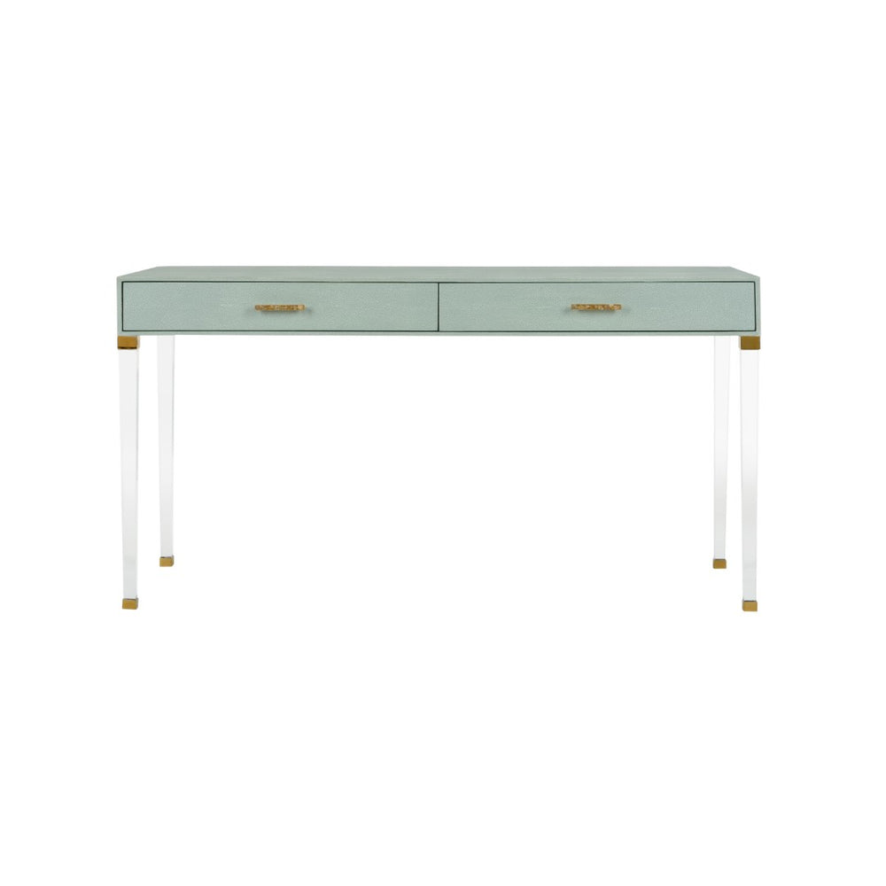 Chelsea House Camilla Neoclassic Desk With Faux Shagreen, Clear Acrylic Legs & Brass Crystal Pulls — Luxe Statement Piece 385625