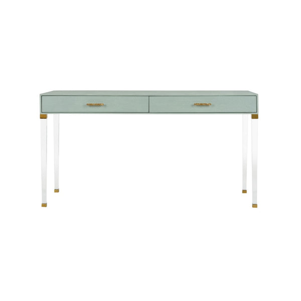 Chelsea House Camilla Neoclassic Desk With Faux Shagreen, Clear Acrylic Legs & Brass Crystal Pulls — Luxe Statement Piece 385625