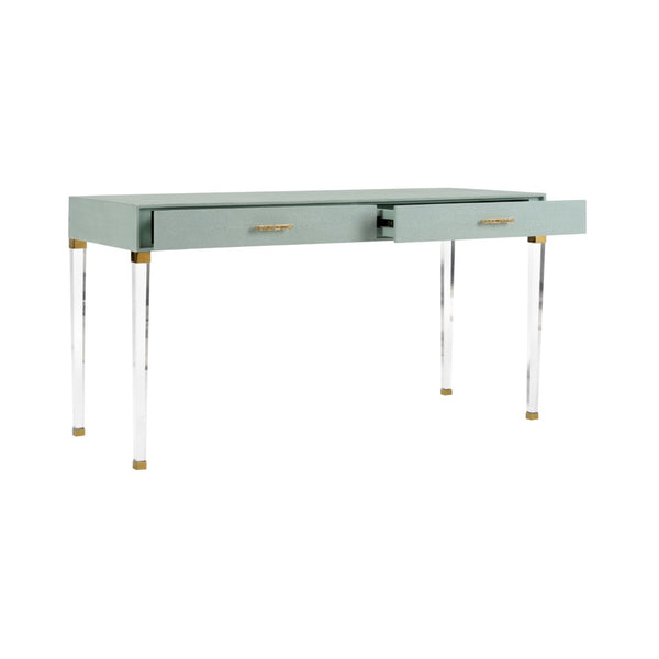 Chelsea House Camilla Neoclassic Desk With Faux Shagreen, Clear Acrylic Legs & Brass Crystal Pulls — Luxe Statement Piece 385625