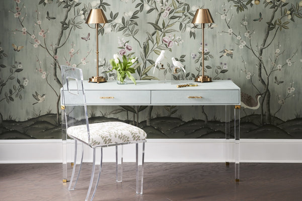 Chelsea House Camilla Neoclassic Desk With Faux Shagreen, Clear Acrylic Legs & Brass Crystal Pulls — Luxe Statement Piece 385625