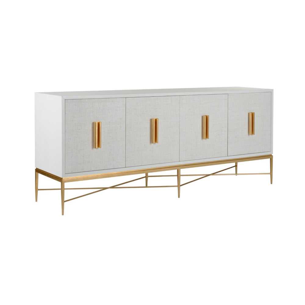 Chelsea House Williams Console Solid Wood White Grass Cloth Doors With Antique Gold Leaf Trim, 84"W Stylish Storage 385633