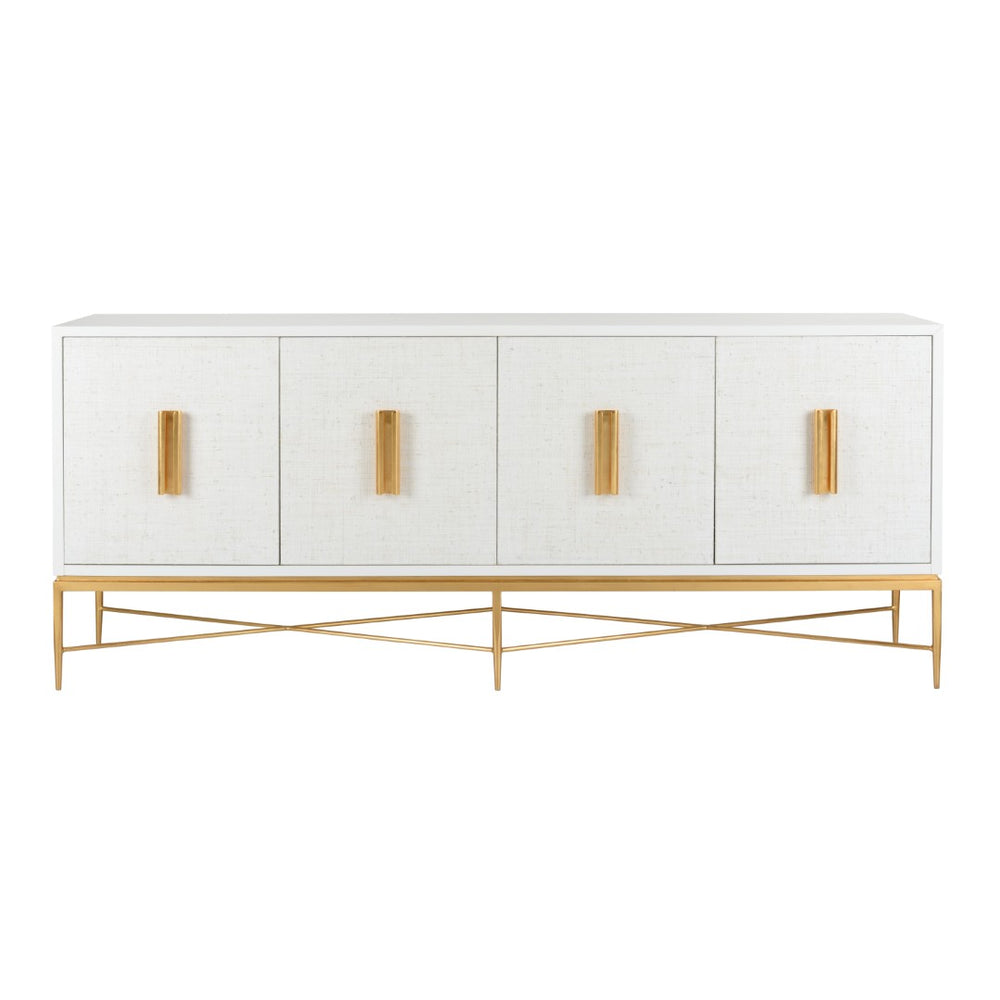 Chelsea House Williams Console Solid Wood White Grass Cloth Doors With Antique Gold Leaf Trim, 84"W Stylish Storage 385633