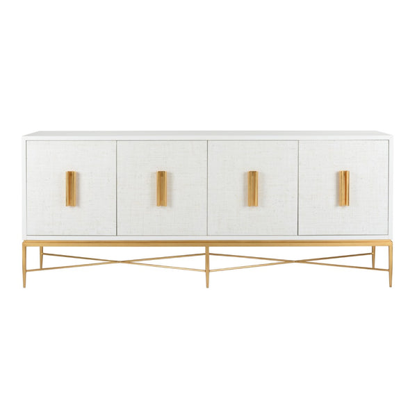 Chelsea House Williams Console Solid Wood White Grass Cloth Doors With Antique Gold Leaf Trim, 84"W Stylish Storage 385633