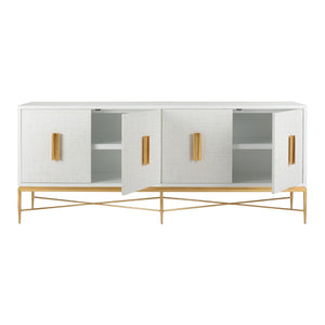 Chelsea House Williams Console Solid Wood White Grass Cloth Doors With Antique Gold Leaf Trim, 84"W Stylish Storage 385633
