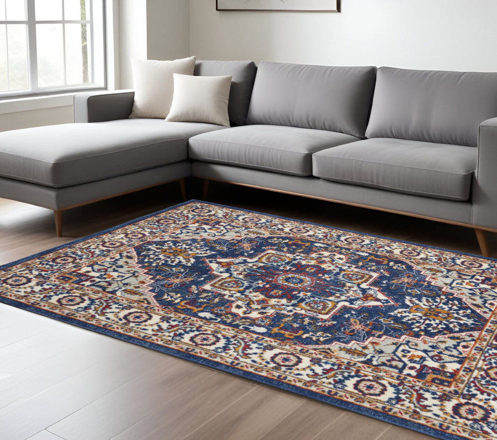 HomeRoots 8' Blue and Ivory Medallion Distressed Area Rug - Timeless Elegance for Living Spaces and More! 8?x10? 385652