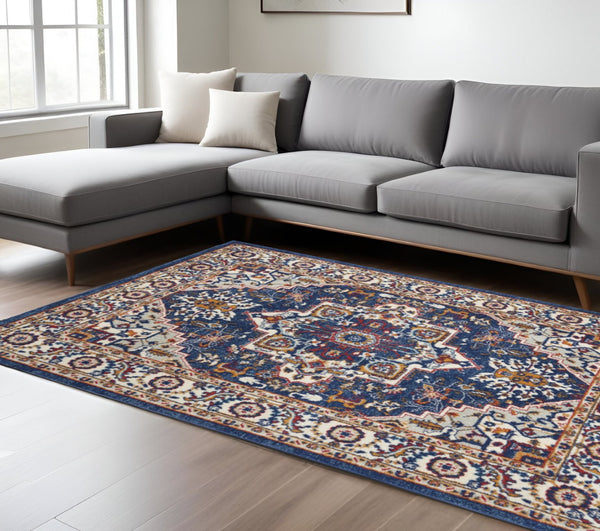 HomeRoots 8' Blue and Ivory Medallion Distressed Area Rug - Timeless Elegance for Living Spaces and More! 8?x10? 385652