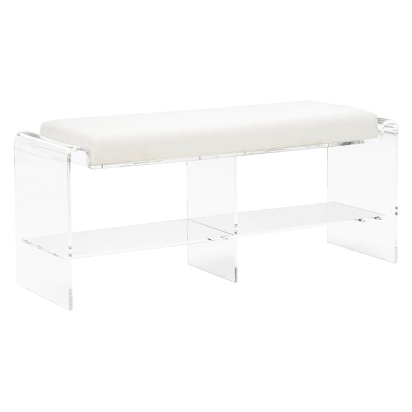 Chelsea House Renee Modern Acrylic Bench With Suede-Like Off-White Upholstery, Clear Legs, Reupholstery-Ready 385676