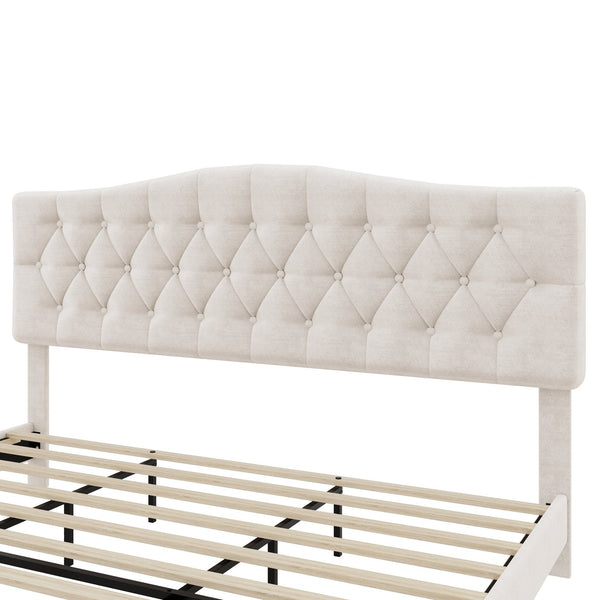 English Elm Upholstered Diamond-Tufted Platform Bed with Two-Position Adjustable Headboard and Sturdy Support Beige 81.22 L x 26.81 W x 5.24 H N701P342941B