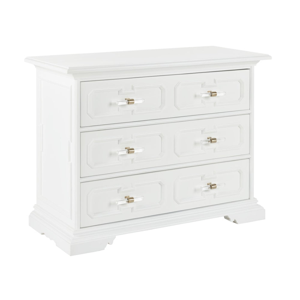 Chelsea House River Street Chest White Lacquer 3-Drawer | Bill Cain Design, Garden Trellis Pattern & Acrylic Handles 385693