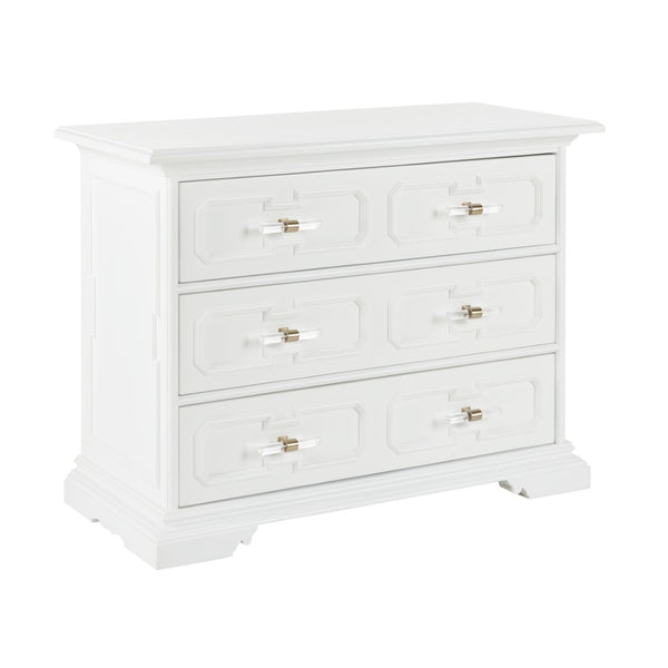 Chelsea House River Street Chest White Lacquer 3-Drawer | Bill Cain Design, Garden Trellis Pattern & Acrylic Handles 385693